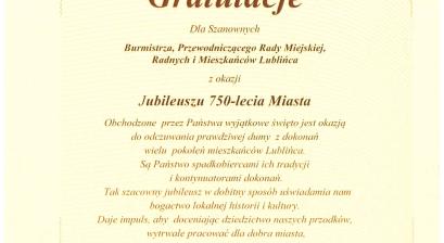 List gratulacyjny Arkadiusza Czecha – Burmistrz Miasta Tarnowskie Góry oraz Przewodniczący Rady Miejskiej Adrian Wolnik