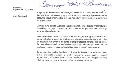 List gratulacyjny Jakuba Chełstowskiego – Marszałek Województwa Śląskiego