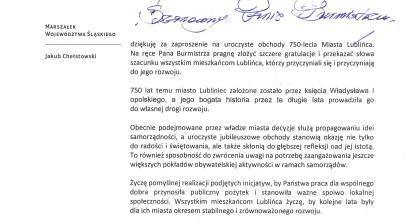 List gratulacyjny Jakuba Chełstowskiego – Marszałek Województwa Śląskiego