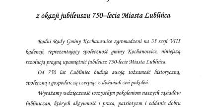 List gratulacyjny Krzysztofa Pawełczyka – Przewodniczący Rady Gminy – „Rezolucja Rady Gminy Kochanowice z dnia 31 maja 2022 r. z okazji jubileuszu 750-lecia Miasta Lublińca”