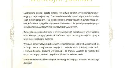 List gratulacyjny Michała Aloszko – Burmistrz Miasta i Gminy Woźniki