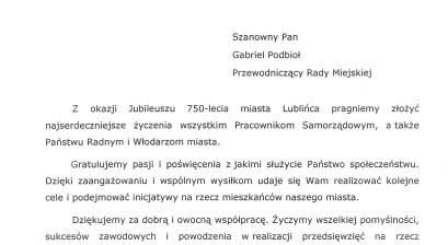 List gratulacyjny Renaty Sady – Prezes Oddziału Katolickiego Stowarzyszenia Wychowawców w Lublińcu