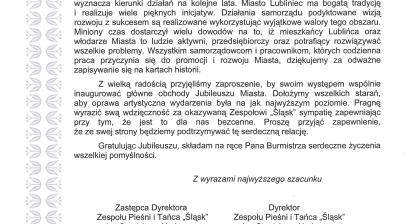 List gratulacyjny Zbigniewa Cierniaka – Dyrektor Zespołu Pieśni i Tańca „Śląsk” im. Stanisława Hadyny oraz Tomasz Janikowski - Zastępca Dyrektora