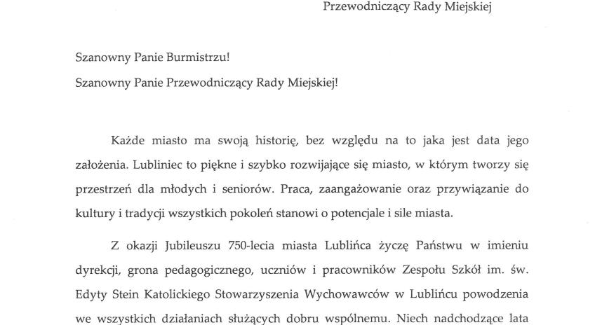 List gratulacyjny Joanny Kierach – Dyrektor Zespołu Szkół im. św. Edyty Stein