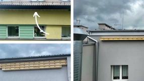 długie drewniane skrzynki budki podzielone na poszczególne budki wiszące na elewacji budynków, przeznaczone  dla jeżyków 