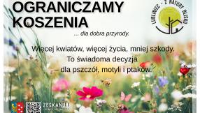 Grafika promujaca ograniczenie koszeń z treścią edukacyją. W tle grafika łaki, kwiatów polnych oraz logo - Lubliniec z natury blisko.