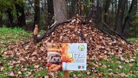 Zdjęcie z tabliczką informacyjno-edukacyjną promującą strefy jeża. W tle jesienny kopiec z liści.